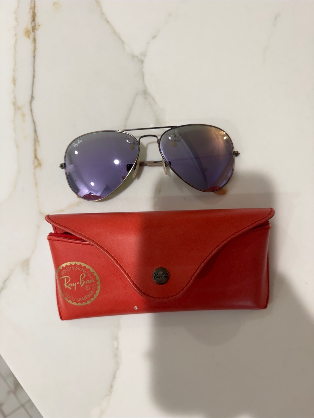 Ray-Ban Women's Silver Frame Aviator Sunglasses with Purple Lenses and Red Case